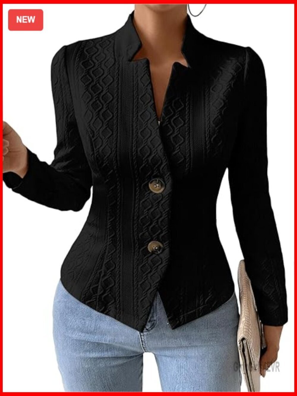 Petite Jacquard Knit Sweater Blazer Slim Fit V-Neck Work Coat